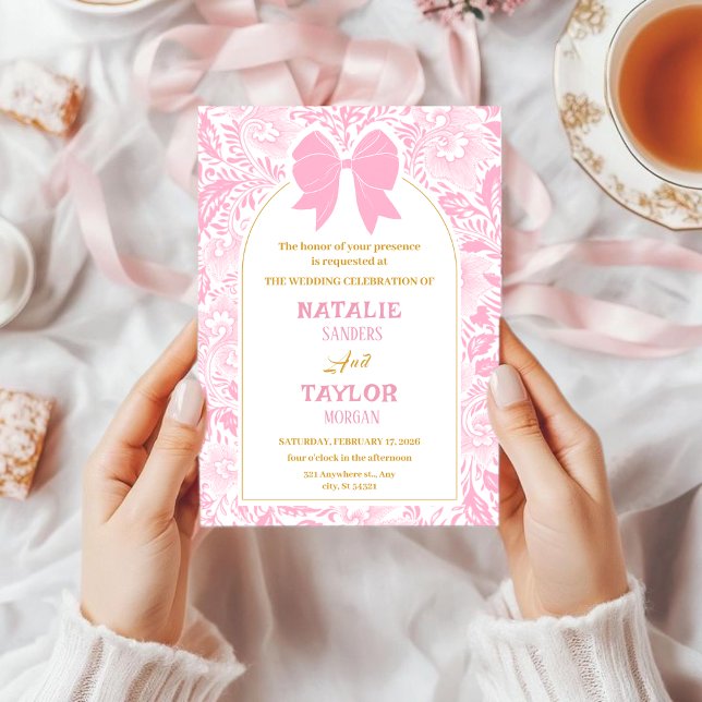 Invitación Romance Valentine’s Day Pink Bow Floral Wedding (Subido por el creador)