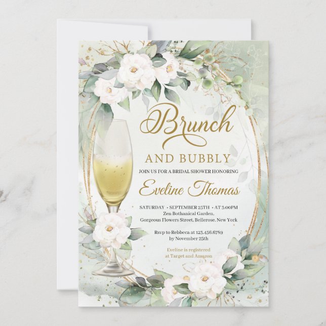 Invitación Romano blanco champagne brunch dorado y burbujeant (Anverso)