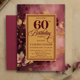 Invitación Romantic 60th Birthday Burgundy Floral Gold Invite