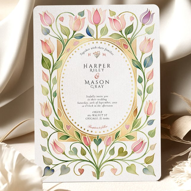 Invitación Romantic Art Nouveau Tulip & Hearts Gold Wedding (Subido por el creador)