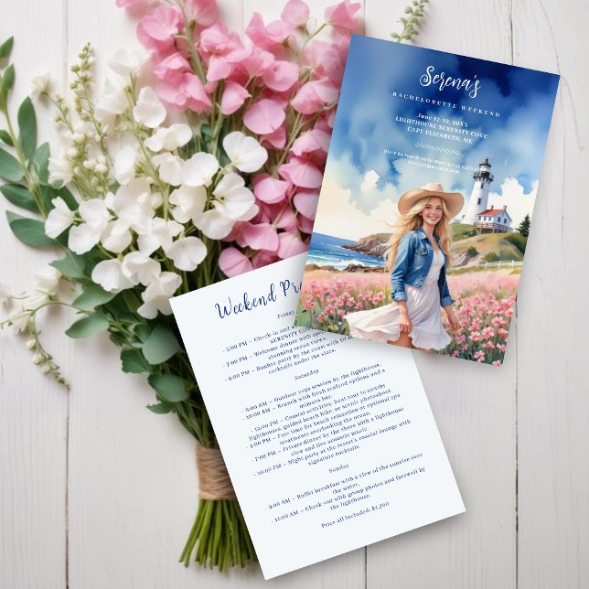 Invitación Romantic Blonde Cowgirl Chic Landscape Lighthouse (Romantic Blonde Cowgirl on Marine Landscape with Lighthouse Bachelorette Weekend Invitation Card.)