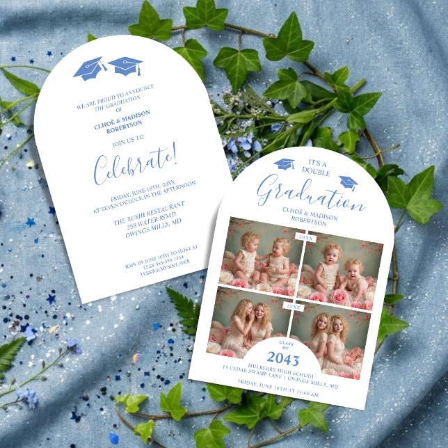 Invitación Romantic Blue 4-Photo Double Twins Grads TMF26 (Romantic Blue 4-Photo Double Twins Graduation Then & Now Whimsical Modern Calligraphy Invitation.)