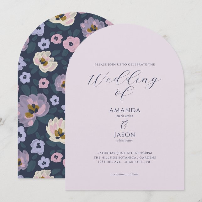 Invitación Romantic blue and purple floral garden wedding (Anverso / Reverso)