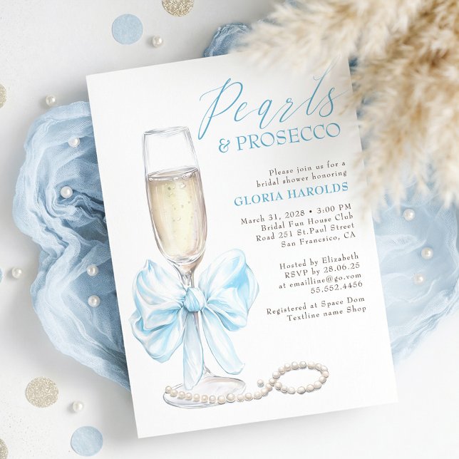 Invitación Romantic Blue Bow Pearls & Prosecco Bridal Shower (Pearls and Prosecco Dusty Blue Bow Elegant Bridal Shower Invitation)