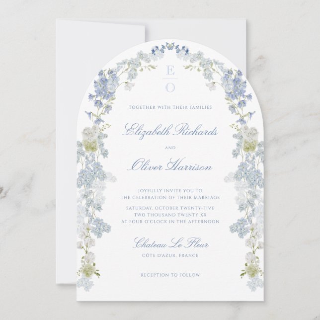 Invitación Romantic Blue Floral Monogram All in One Wedding (Anverso)