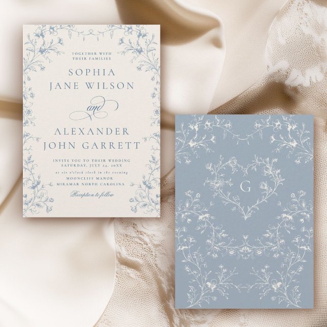 Invitación Romantic Blue Floral Monogram Wedding (Subido por el creador)