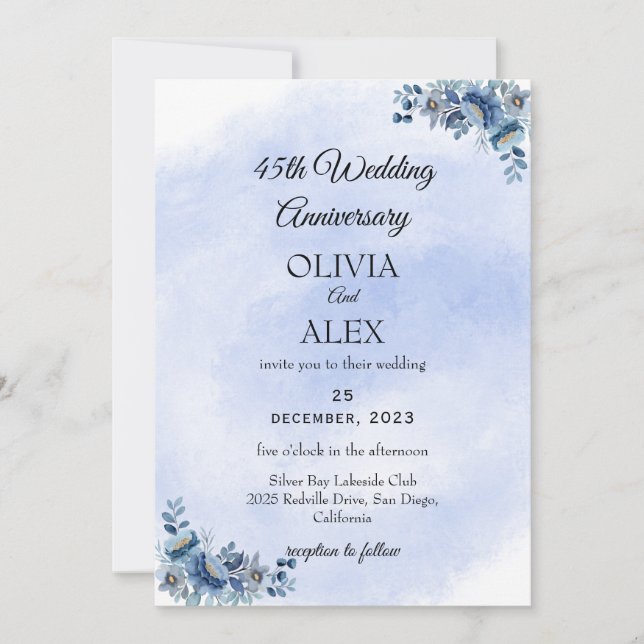 Invitación Romantic Blue Floral Wedding Anniversary  (Anverso)