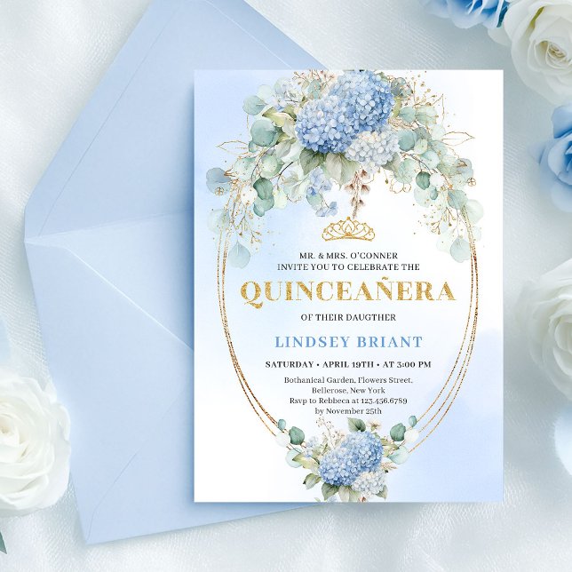 Invitación Romantic Blue Flowers Gold 15th Birthday Invite (Romantic Blue Flowers Gold 15th Birthday Invitation)