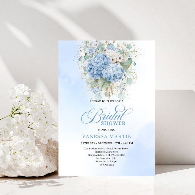 Invitación Romantic Blue Hydrangea Gold Floral Bridal Shower (Romantic Blue Hydrangea Gold Floral Bridal Shower Invitation)
