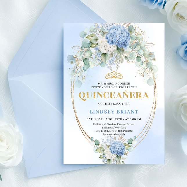 Invitación Romantic Blue Hydrangeas Gold Quinceañera Invites (Romantic Blue Hydrangeas Gold Quinceañera Invitation)
