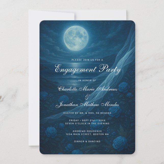 Invitación Romantic Blue Moonlit Beach Engagement Party (Anverso)