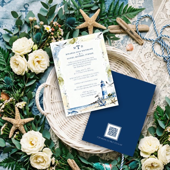 Invitación Romantic Blue Nautical Lighthouse Coastal Wedding (Romantic Blue Nautical Lighthouse & Coastal Wedding Beach Shore Marine Theme Invitation. )