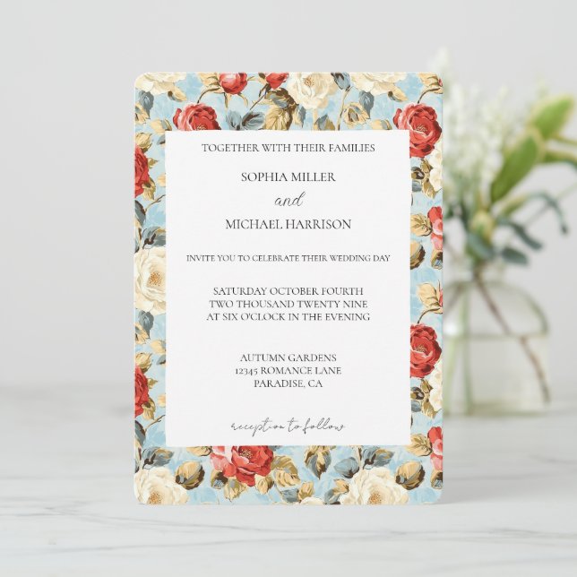 Invitación Romantic Blue Red Cream Roses Floral Wedding (Anverso de pie)