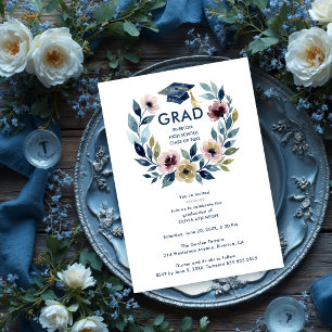 Invitación Romantic Blue Shades Floral Wreath Graduation