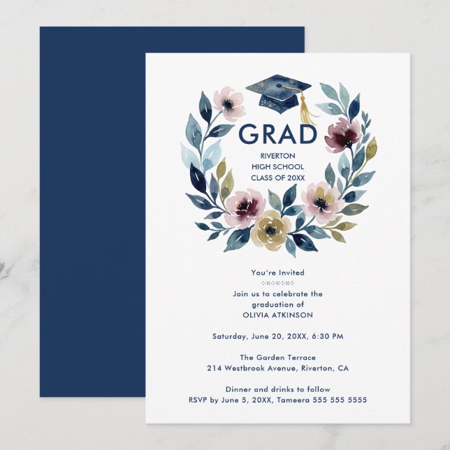 Invitación Romantic Blue Shades Floral Wreath Graduation (Anverso / Reverso)