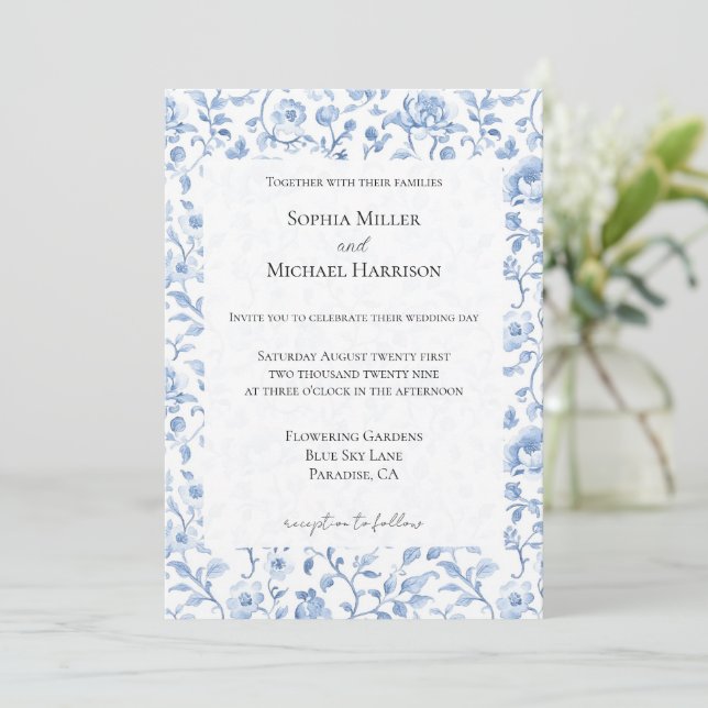 Invitación Romantic Blue White Floral Wedding (Anverso de pie)