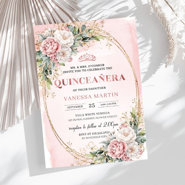 Invitación Romantic Blush Pink Floral Greenery Quinceañera (Romantic Blush Pink Floral Greenery Quinceañera)