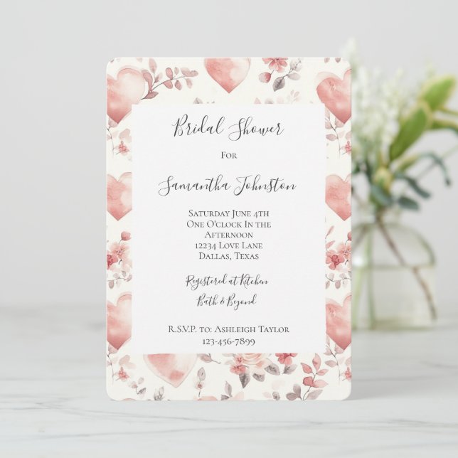Invitación Romantic Blush Pink Hearts Floral Bridal Shower (Anverso de pie)