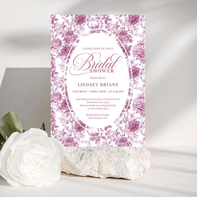 Invitación Romantic Blush Rose Pattern French Toile Bridal  (pink French toile de jouy,
Luxurious blush roses bridal shower,
dusty pink flowers botanical garden,)