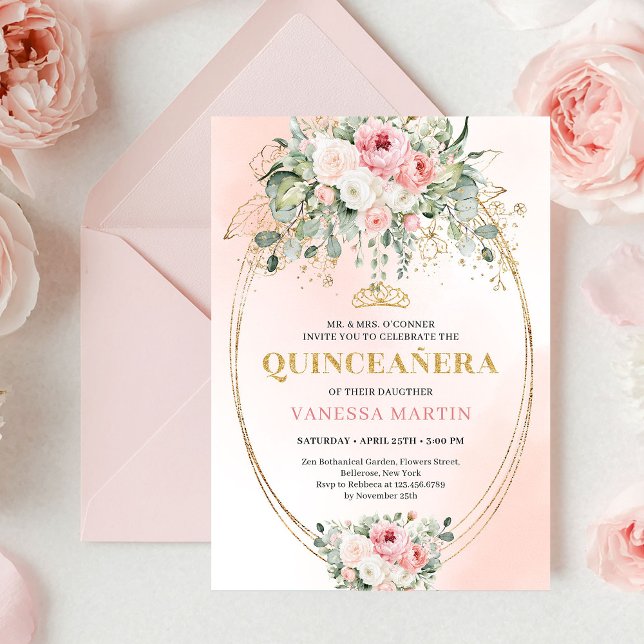 Invitación Romantic Blush Roses Bohemian Quinceañera Invite (Romantic Blush Roses Bohemian Quinceañera Invitation)