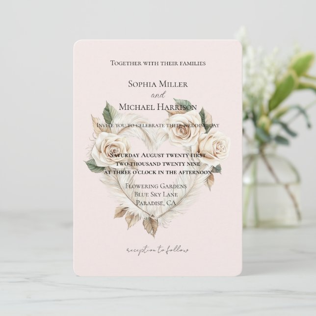 Invitación Romantic Blush Roses Feathers Floral Heart Wedding (Anverso de pie)