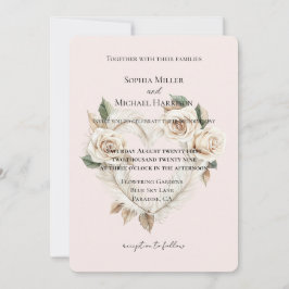 Invitación Romantic Blush Roses Feathers Floral Heart Wedding