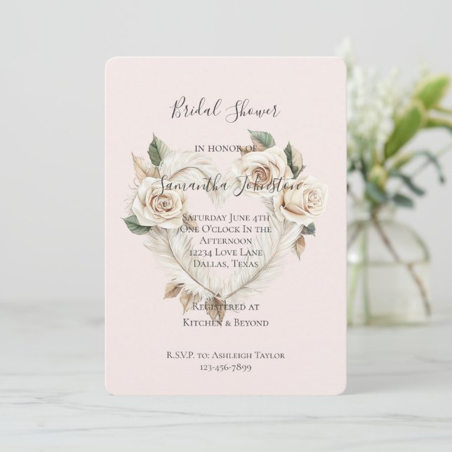 Invitación Romantic Blush Roses Feathers Heart Bridal Shower (Anverso de pie)
