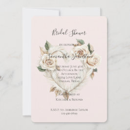 Invitación Romantic Blush Roses Feathers Heart Bridal Shower