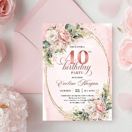 Invitación Romantic Bohemian Blush Floral Gold 40th Birthday