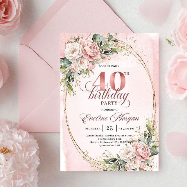 Invitación Romantic Bohemian Blush Floral Gold 40th Birthday (Romantic Bohemian Blush Floral 40th Birthday Invitation)