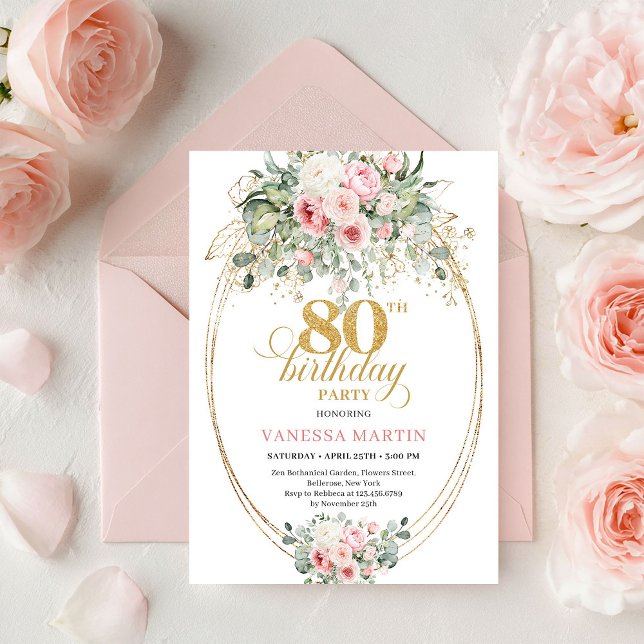 Invitación Romantic Bohemian Blush Floral Gold 80th Birthday (Romantic Bohemian Blush Floral Gold 80th Birthday)