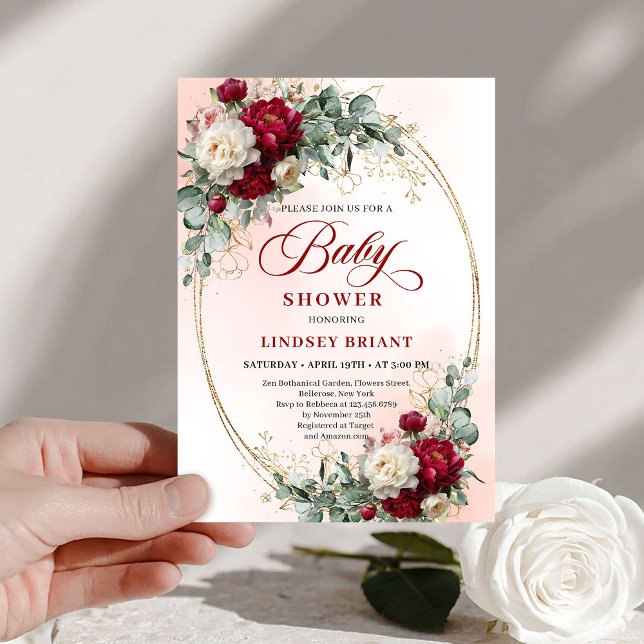 Invitación Romantic Bohemian Deep Red Floral Baby Shower (Romantic Bohemian Deep Red Floral Baby Shower)