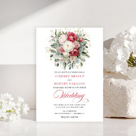 Invitación Romantic Bohemian Red White Greenery Gold Wedding