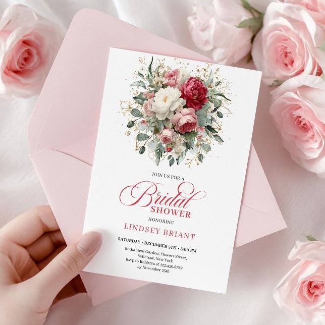 Invitación Romantic Bohemian Ruby Red Blush Gold Shower (Timeless Boho Crimson Red White Greenery Shower)