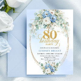 Invitación Romantic Boho Blue Peonies Gold 80th Birthday