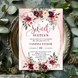 Invitación Romantic Boho Burgundy Blush Floral Sweet Sixteen