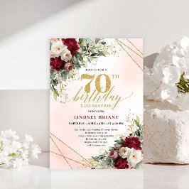 Invitación Romantic Boho Burgundy Floral Happy 70th Invitе