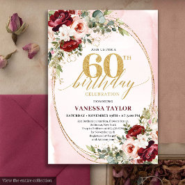 Invitación Romantic Boho Burgundy Gold Roses 60th Birthday