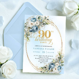 Invitación Romantic Boho Dusty Blue Flowers 90th Birthday