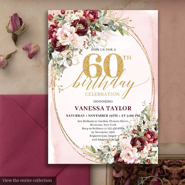 Invitación Romantic Boho Marsala Gold Floral 60th Birthday (Romantic Boho Marsala Gold Floral 60th Birthday)