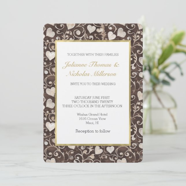 Invitación Romantic Brown Cream Hearts Wedding (Anverso de pie)