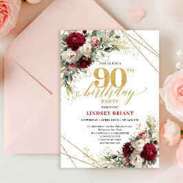 Invitación Romantic Burgundy and White Floral 90th Birthday 