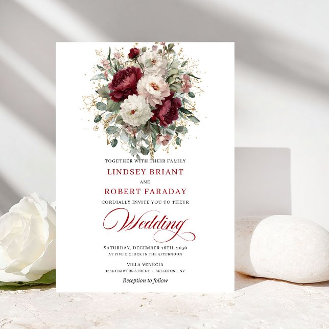 Invitación Romantic Burgundy and White Flowers Wedding Invite (Romantic Burgundy and White Flowers Wedding Invite)