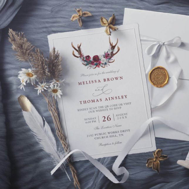Invitación Romantic Burgundy Floral Antlers QR Code Wedding (Subido por el creador)