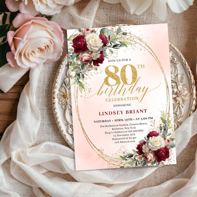 Invitación Romantic Burgundy Floral Gold Frame 80th Birthday  (Romantic Burgundy Floral Gold Frame 80th Birthday Invite)