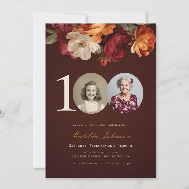 Invitación Romantic Burgundy Floral Photo 100th Birthday (Anverso)