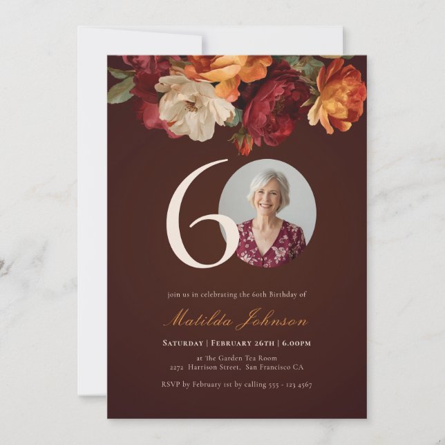 Invitación Romantic Burgundy Floral Photo 60th Birthday (Anverso)