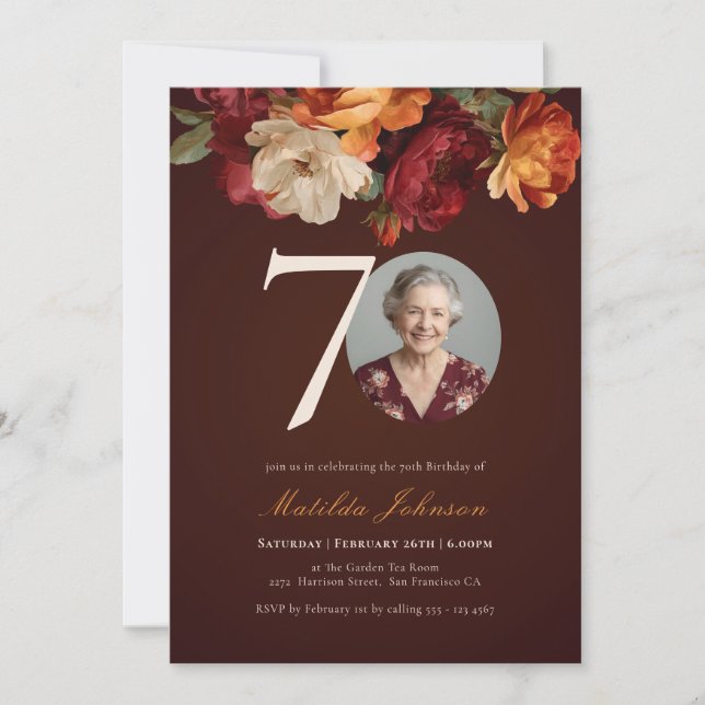 Invitación Romantic Burgundy Floral Photo 70th Birthday (Anverso)