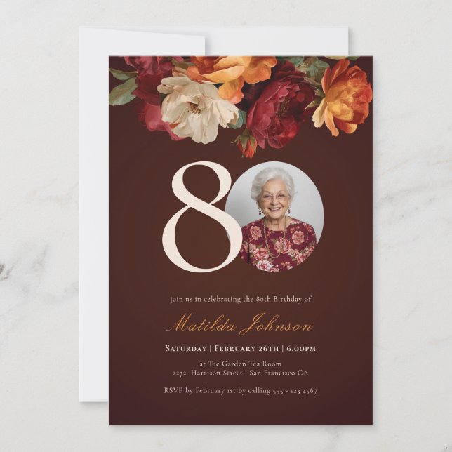 Invitación Romantic Burgundy Floral Photo 80th Birthday (Anverso)