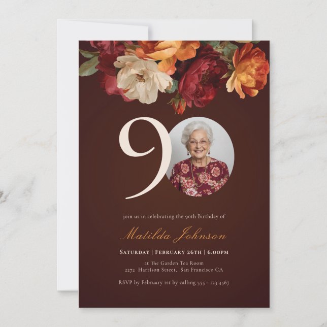 Invitación Romantic Burgundy Floral Photo 90th Birthday (Anverso)